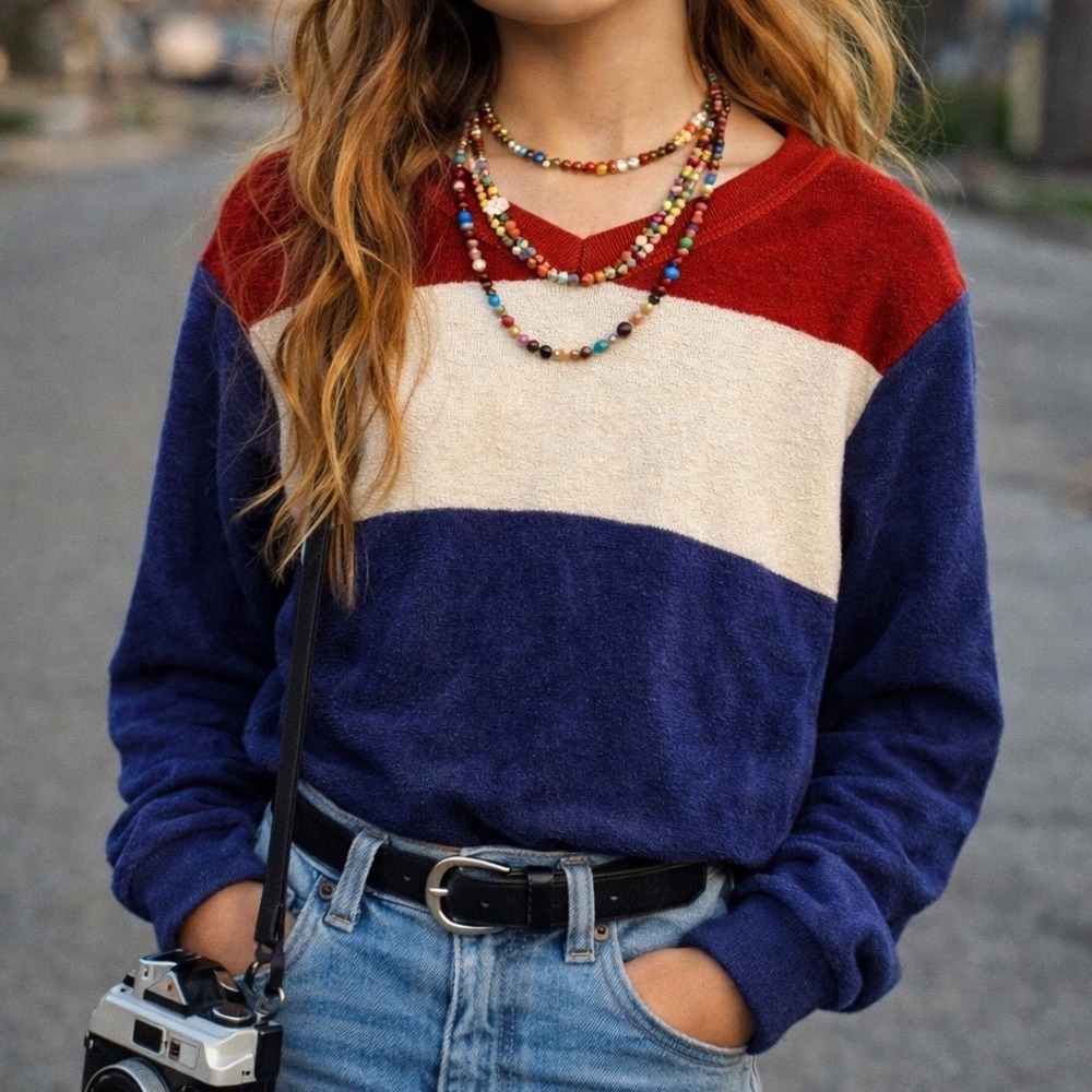 Vintage Three Dots Kids Red White Blue Colorblock Terry Cloth V-Neck‎ Shirt 16